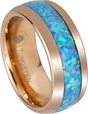 [Aloha Jewelry Company] Tungsten Carbide Blue Opal Inlay Comfort Fit Ring Promise Wedding Engagement for Men, 8mm 6mm 4mm, Black Rose Gold Silver, Band Dome Style High Polished Finish, Gift Box Included