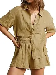 [Generic] Women's 2 Piece Outfits Track Suits Matching Sets Loungewear for Vacation Button Down Shirt and Shorts Set