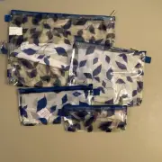Set Of 4 Blue & White Clear Leaf Print Cosmetic Travel Bags