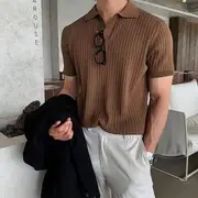 Short-Sleeve Collar Plain Ribbed T-Shirt Coffee - XL
