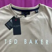 Ted Baker London Cream & White Spell Out Short Sleeve Mens T-Shirt Size 2 Small