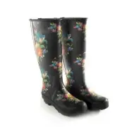 MacKENZIE CHILDS BLACK FLOWER MARKET TALL RAIN BOOTS SIZE 6 BNIB