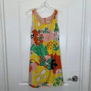 Trina Turk Floral Print Shift Dress Yellow Green Silk Ric Rac Neckline Mini 2