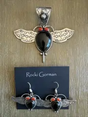 Rocki Gorman KC Cook Sterling Bat Pendant & Earrings Set Blk Onyx Coral Signed
