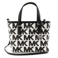 在飛比找momo購物網優惠-【Michael Kors】雙色滿版LOGO皮革托特兩用包