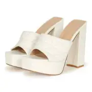 Women's Platform quilted chunky heels sandals open toe white DDK 10