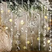 OuMuaMua 18pcs Christmas Tree Decoration Crystal Ornaments - Hanging Acrylic Snowflake Icicle Drop Crystal Ornaments for Christmas Tree Winter New Year Party Supplies, Silver