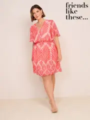 Friends Like These Red Pink Geo Curve Chiffon Ruche Waist Mini Dress (F78124) | $104
