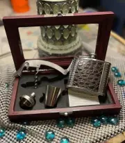 Gift Flask Set with Funnel, Shot Glass & Opener-Faux Croc- Barware in Box