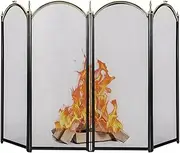 Large Gold Fireplace Screen 4 Panel Ornate Wrought Iron Black Metal Fire Place Standing Gate Decorative Mesh Solid Baby Safe Proof Fence Steel Spark Guard Cover Outdoor Fireplace Tools Accessories