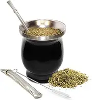 Yerba Mate Natural Gourd/Tea Cup Set (Original Traditional Mate Cup - 8 Ounces) | Includes Bombilla (Yerba Mate Straw) & Cleaning Brush | Black Stainless Steel | Double-Walled | Easy to Clean