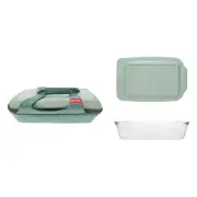 Pyrex (1) 1138983 5 Qt Sage Green Carry Tote & (1) 233-D 5 Qt Glass Baking Dish