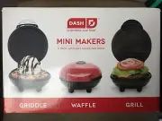 Dash Mini Maker 3-Piece Griddle, Waffle, and Grill Set Red White Black NEW