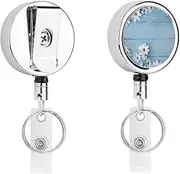 [YJWANDL] Compact Stainless Steel ID Holder with Retractable Cord, White Flowers Light Blue Wood Print Lightweight And Durable Everyday ID Holder, White