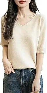 [Chanyarn] Women's V-Neck 100% Merino Wool Spring Autumn Winter First-Line Ready to Wear Seamless Soft Warm Knitted Shirt Pullover Short Sleeve Jumper