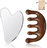 Stainless Steel Gua Sha Facial Tools & Wooden Scalp Massage Comb Set, Premium Gua Sha Set for Face, Gua Sha Scraping Massage Tool for Slimming and Firming