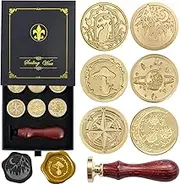 Wax Seal Stamp Gift Box Set, 6 Pcs Sealing Wax Stamps Copper Seals 1 Wooden Hilt, Wax Stamp Kit for Cards Envelopes, Gift Packaging (Vast Universe Series)