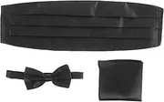 [VICASKY] Men's Bow Tie and Cummerbund Set 3pcs Satin Tie Pocket Handkerchief Black