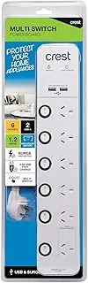Crest Power Board 6 Socket 6 Switch 2 USB Surge Protected
