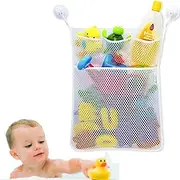 Reusable Mesh Bath Bag Toys Organizer - Hanging Bathtub Storage Net Bag with 3 Strong Suction Cups Hooks, Quick Dry Mesh Shower Caddy to Hold shampoos, Soaps and Small Toys (4 Pockets, White)