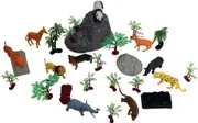 FUNFY Wild Animal Safari & Forest Toy Set with Storage Box -10 Mini Animal Figures & 18 Trees and Rocks -Multicolour Jungle Playset for Kids