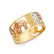 14K Tri Color Gold Good Luck Flower Elephant Horseshoe Owl Lucky Ring Band