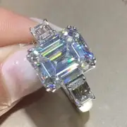 4.80 Ct Emerald Cut Natural Moissanite 3-Stone Engagement Ring Sterling Silver