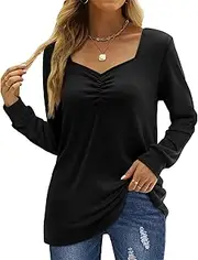 [Zylphorix] Women Chest Pleated Long Sleeved T-Shirt Solid Color Square Neck Tunic Tops Loose Cotton Side Split Blouse