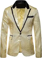 [Kromoc] Men's Sequin Suit Blazer Wedding Formal Casual Peak Lapel One Button