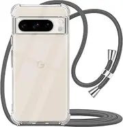 YESPURE Designed for Google Pixel 8 Pro Case with Adjustable Lanyard Neck Strap Clear Soft Slim TPU Anti-Yellowing Shockproof Protective Phone Cover for Google Pixel 8 Pro - Gray
