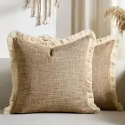 Faux Linen Pillow Covers with Tassels Fringed Boho 18" x 18" (Pack of 2) Khaki