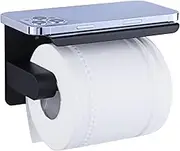 YUET Toilet Paper Holder with Phone Shelf, SUS304 Stainless Steel, Tissue Roll Rack Dispenser Storage Bathroom Accessories, Wall Mount Or Self Adhesive Stick On (Matte Black)