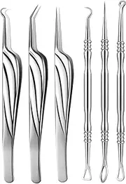 FVION Blackhead Remover Pimple Extractor Tool, Comedone Squeezer Set Made of Full Stainless Steel, 6 Pieces, Acne Tweezers, Blackhead Remover for Nose/Face Care - Blackhead Remover
