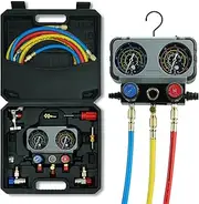 3 Way AC Gauge Set，HVAC Gauges for R134a R410a R12 R22 R502 Refrigerant，Refrigerant Gauge Kit with 5FT Hoses，Anti-Collision Dial，R410a Adapter，Puncturing Can Tap