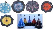 Inverted Upside Down Umbrella Rain C Handle Reverse Opening 2 Layer Inside Out