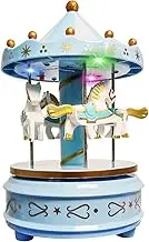 WEofferwhatYOUwant Blue Carousel Music Box, Classic 4-Horse Rotating Design with Colour-Changing LED Lights - Plays Beethoven's Fur Elise for 3 Minutes