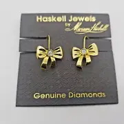 Haskell Jewels by Miriam Haskell Gold Toned Bow Genuine Diamonds Earrings