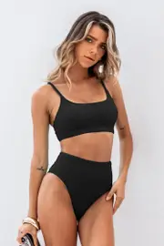 Cupshe Textured Black Scoop Neck Bikini Top & High-Waisted Bottoms Set - Black,M