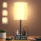 Table Lamp with Alarm Clock, Charging Station, USB C & A, AC Outlet Ports, Sp...