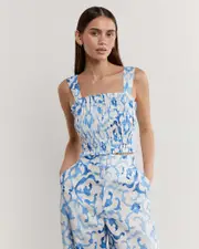 [Jag] Jag Women's Ella Linen Mosaic Top In White/cobalt Blue Size 16 16 Blue