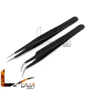 2 PCS BLACK EYELASH EXTENSION TWEEZERS STRAIGHT & CURVED POINTED TIP