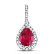14k White Gold Pear Created Ruby Solitaire Diamond Frame Pendant 1-7/8 Cttw
