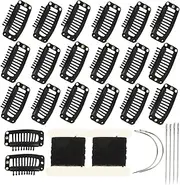 20 Pieces Hair Extension Clips, Black 9 Teeth Stainless Steel Clips for Wigs, Hair Bangs, Toppers, Toupees with Needle and Thread Kit