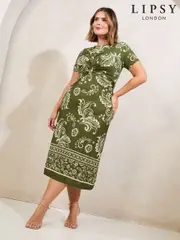 Khaki Green Curve Mixed Print Underbust Jersey Midi Dress (AY7628) | $106