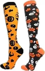 Cheeroyal 2 Pairs Compression Socks 20-30mmHg Halloween Pumpkin Skeleton Ghost Socks for Festival Men Women Recovery Running Sports, halloween-1-2, Small-Medium
