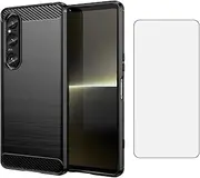 [Asuwish] Phone Case for Sony Xperia 1 VI 5G 2024 with Tempered Glass Screen Protector Cover and Cell Accessories Slim Soft Silicone Protective Hybrid Mobile 1VI 6nd Gen G5 Women Men Carbon Fiber Black