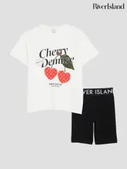 River Island White Cherry Demure T-Shirt and Cycle Shorts Set (W69079) | $42