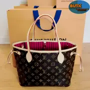 Butk二手之家LV 路易威登 NEVERFULL 小號 老花托特包單肩包子母包玫紅色購物袋手提m41245