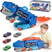 Transport Dinosaur Truck with Foldable Sliding 25-Inch Race Track, Transforms into Standing T-rex, Stores 12 1:64 Die-cast Toy Cars, Toys for 3 4 5 6 7 8 Years Old Kids Boys&Girls