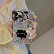 Cat Mirrored Phone Case - iPhone 15 Pro Max / 15 Pro / 15 Plus / 15 / 14 Pro Max / 14 Pro / 14 Plus / 14 / 13 Pro Max / 13 Pro / 13 / 13 mini / 12 Pro Black Cat - Silver - iPhone 14 Pro